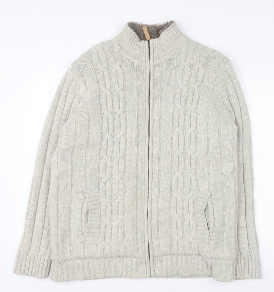Cherokee Men's Beige Wool Blend Full Zip Cable Knit Jumper L