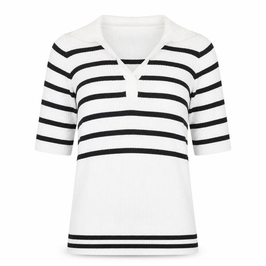 Next Women White Black Striped Collared Short Sleeve Stretch T-Shirt Size 6