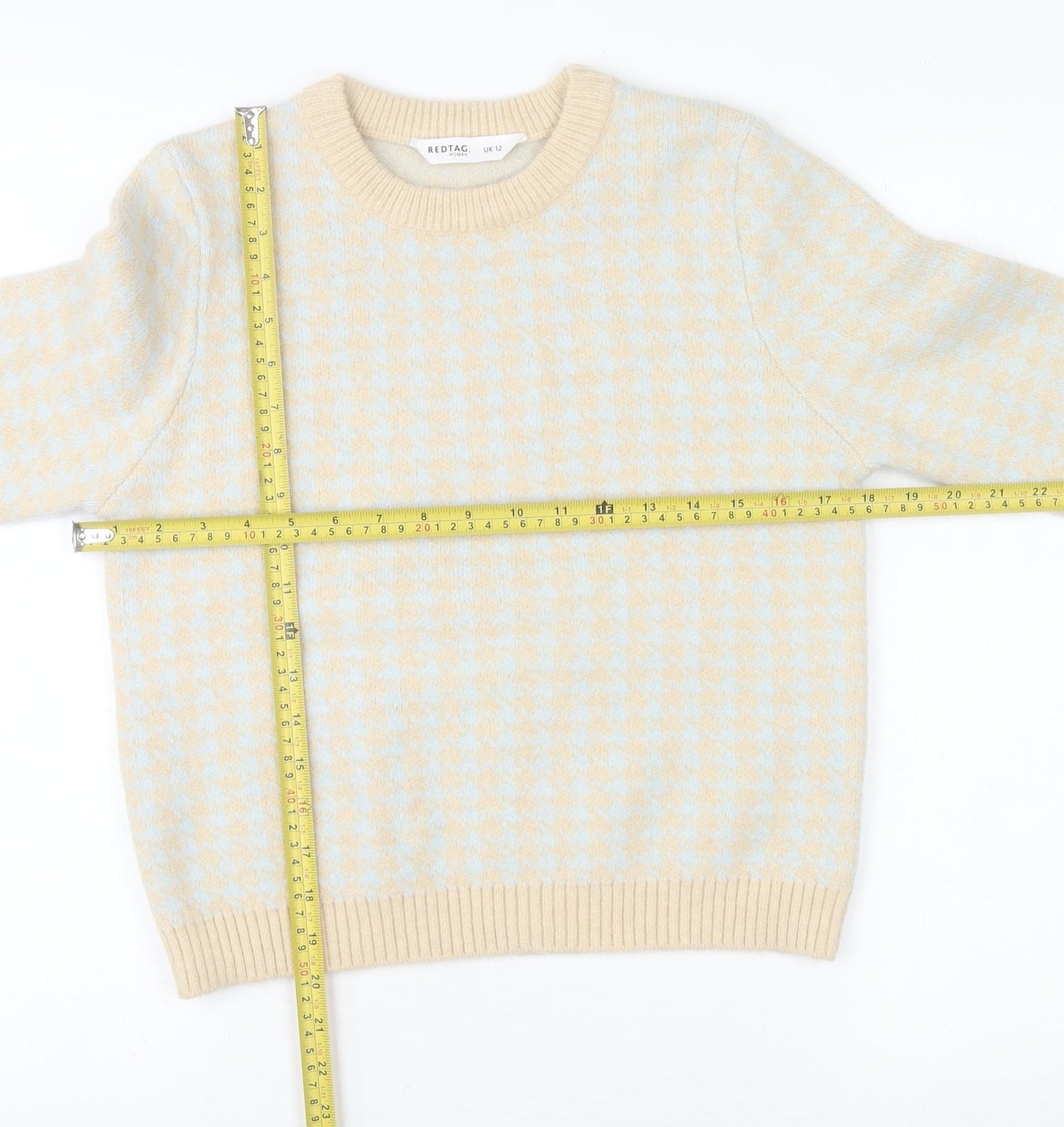 Redtag Woman Beige Blue Houndstooth Crew Neck Jumper UK 12