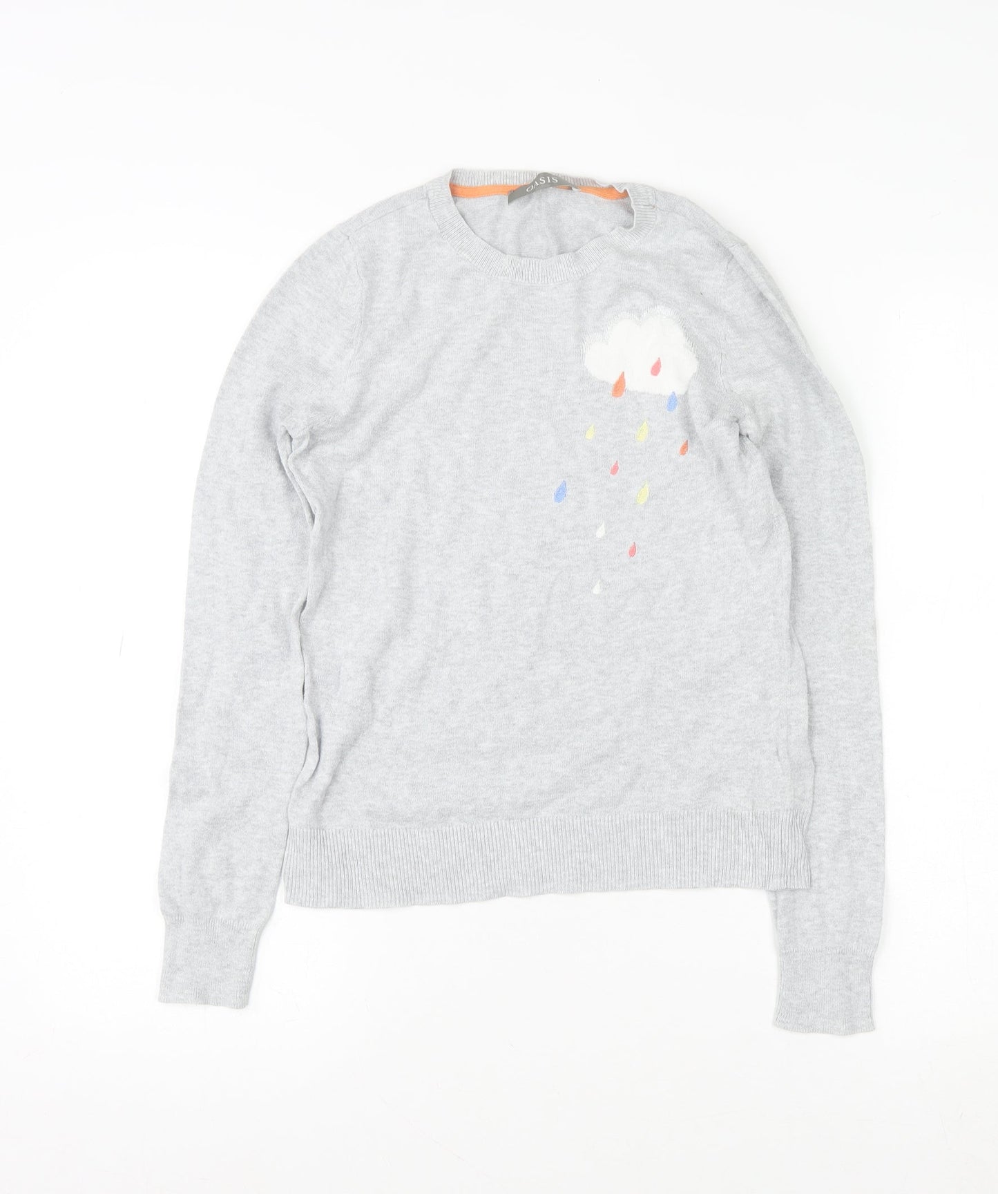 Oasis Women’s Grey Cotton Pullover Jumper XS Crew Neck Embroidered Cloud