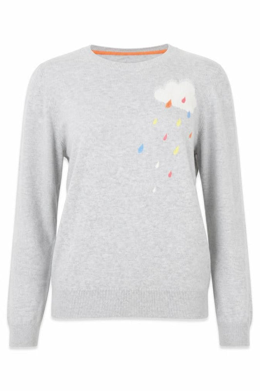 Oasis Women’s Grey Cotton Pullover Jumper XS Crew Neck Embroidered Cloud
