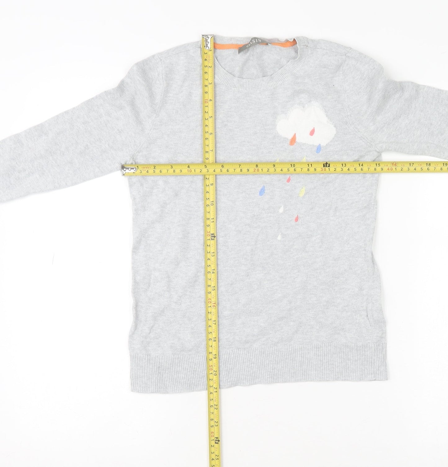 Oasis Women’s Grey Cotton Pullover Jumper XS Crew Neck Embroidered Cloud