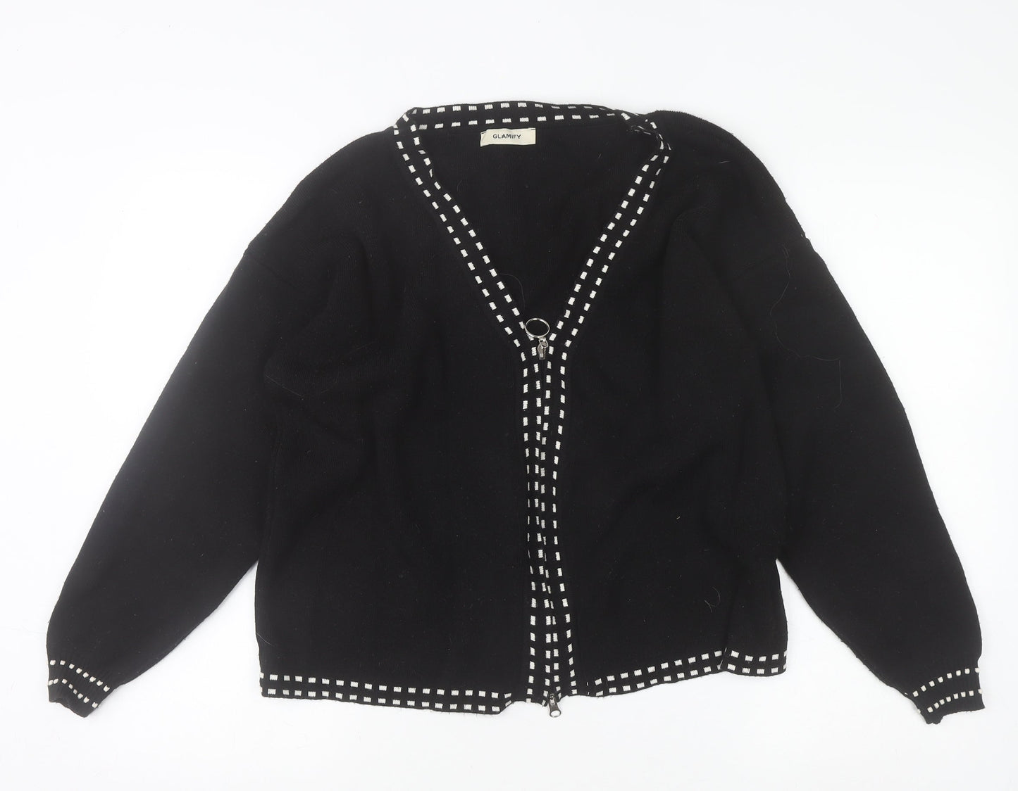 Glamify Women’s Black V-Neck Zip Cardigan M Long Sleeve Knitwear
