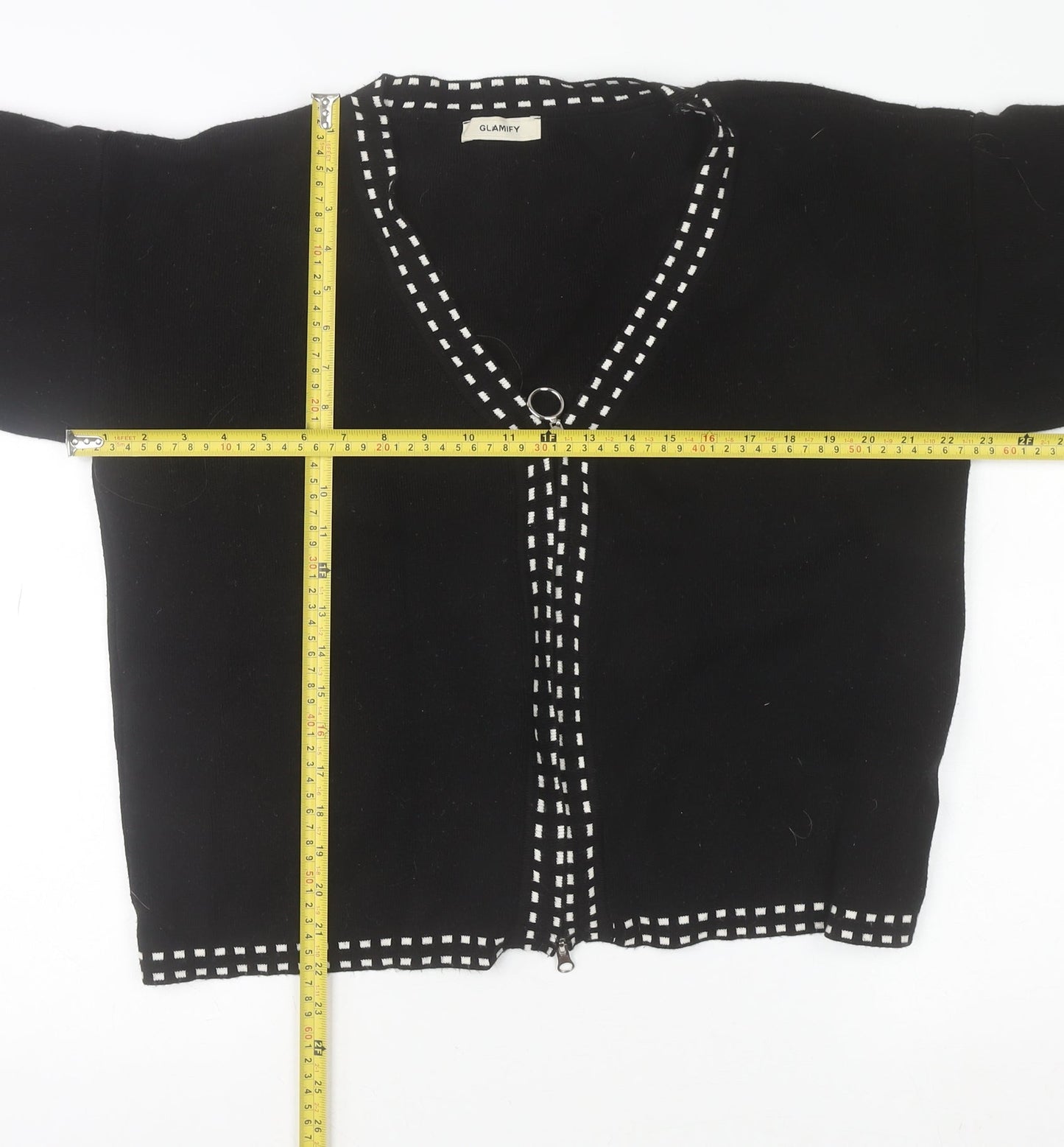 Glamify Women’s Black V-Neck Zip Cardigan M Long Sleeve Knitwear