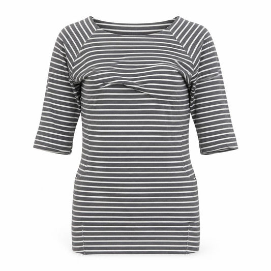 Wi & Co Women Grey Striped Cotton 3/4 Sleeve Relaxed T-Shirt S