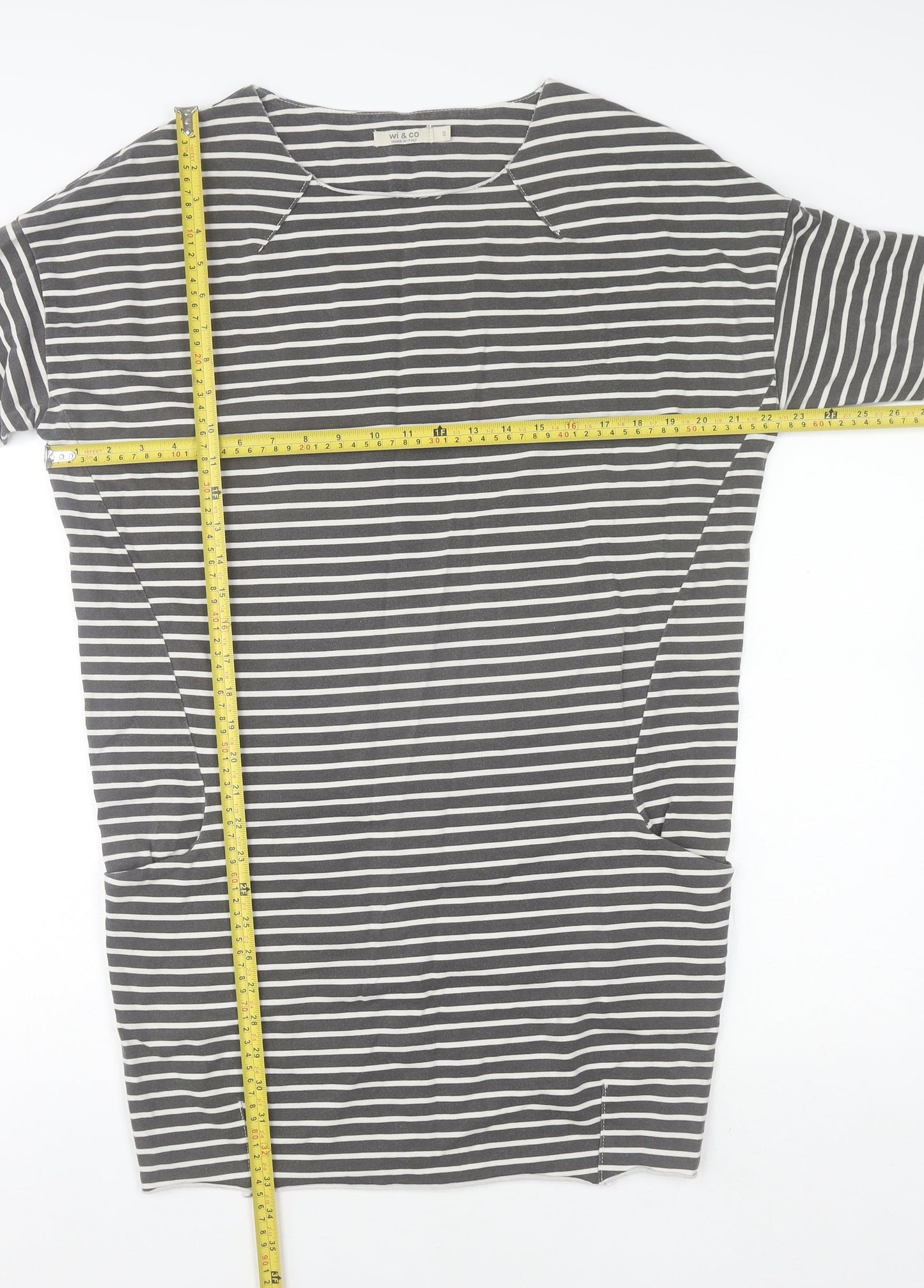 Wi & Co Women Grey Striped Cotton 3/4 Sleeve Relaxed T-Shirt S