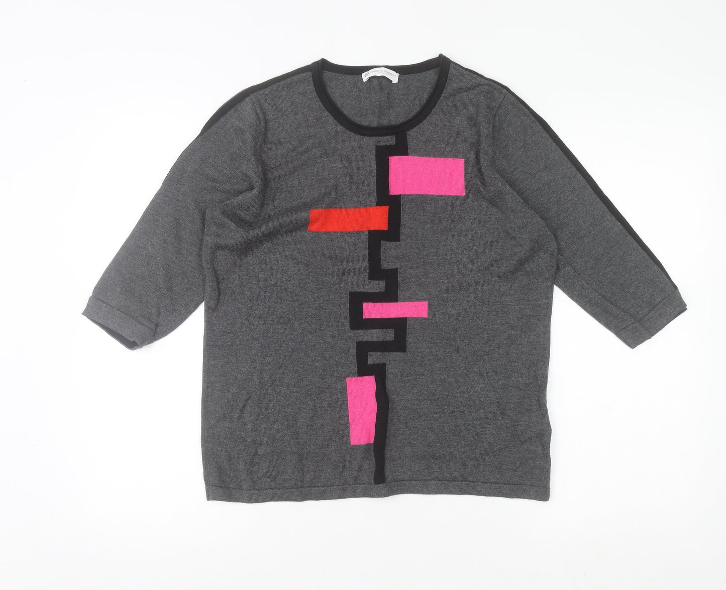 Christa Probst Women Grey Geometric 3/4 Sleeve Pullover Jumper Size 12