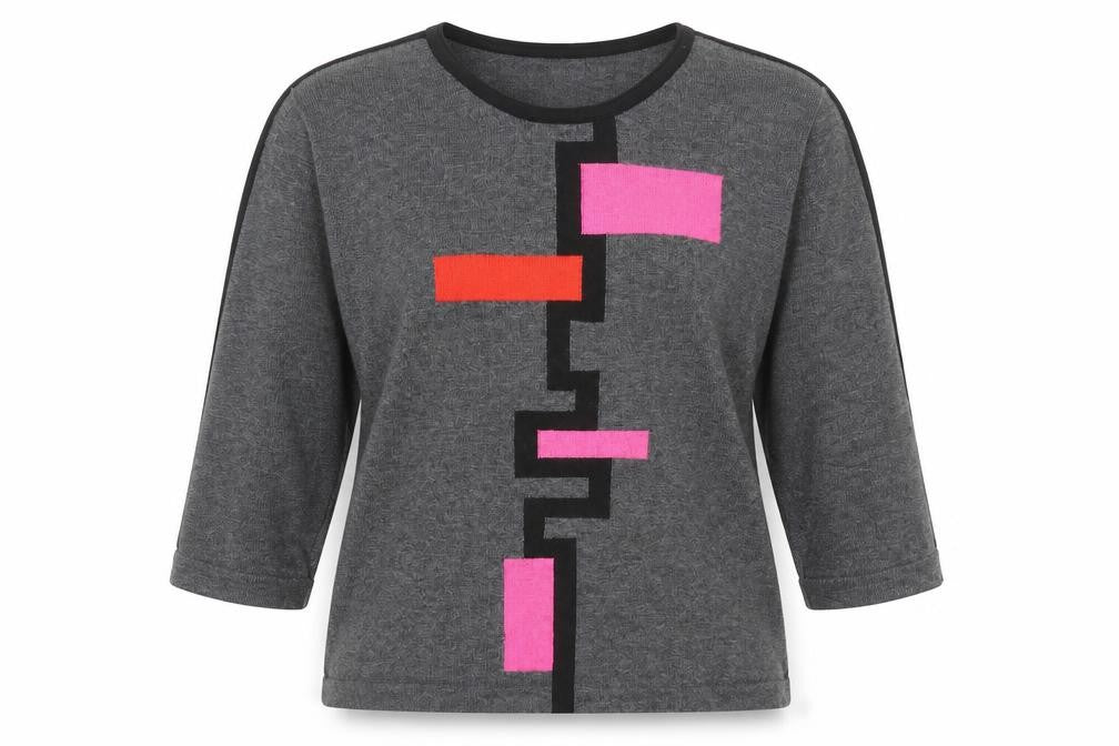Christa Probst Women Grey Geometric 3/4 Sleeve Pullover Jumper Size 12