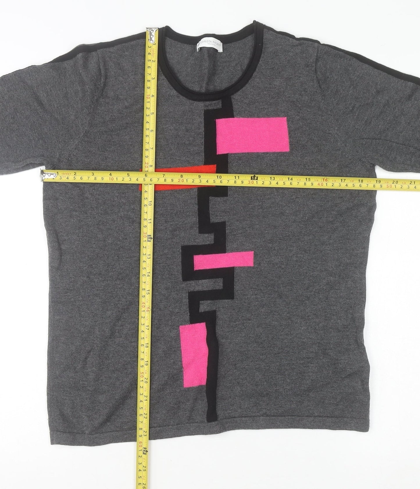 Christa Probst Women Grey Geometric 3/4 Sleeve Pullover Jumper Size 12