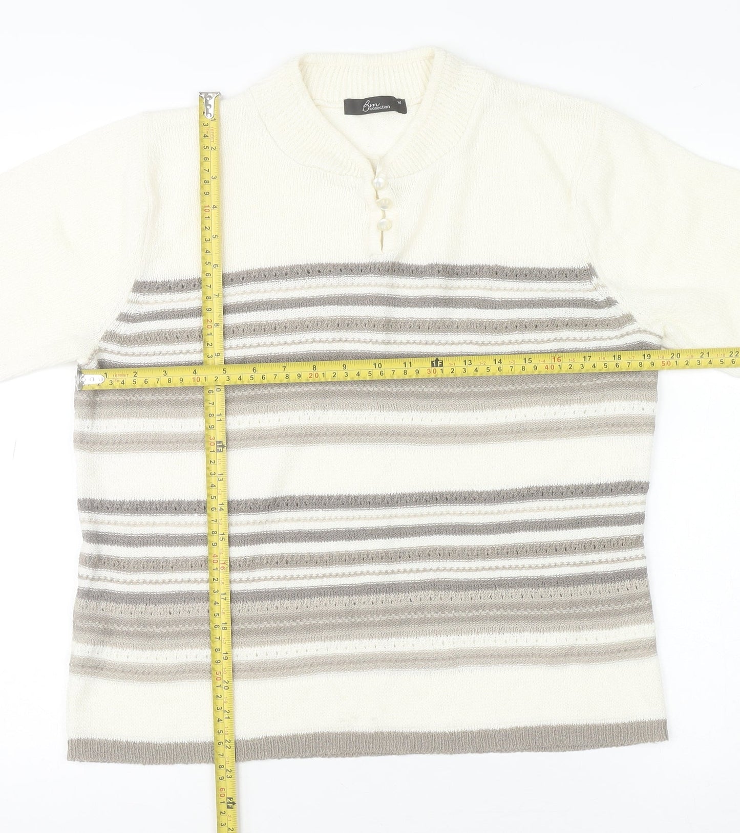 Bm Collection Women Beige Striped High Neck Short Sleeve Wool Jumper M