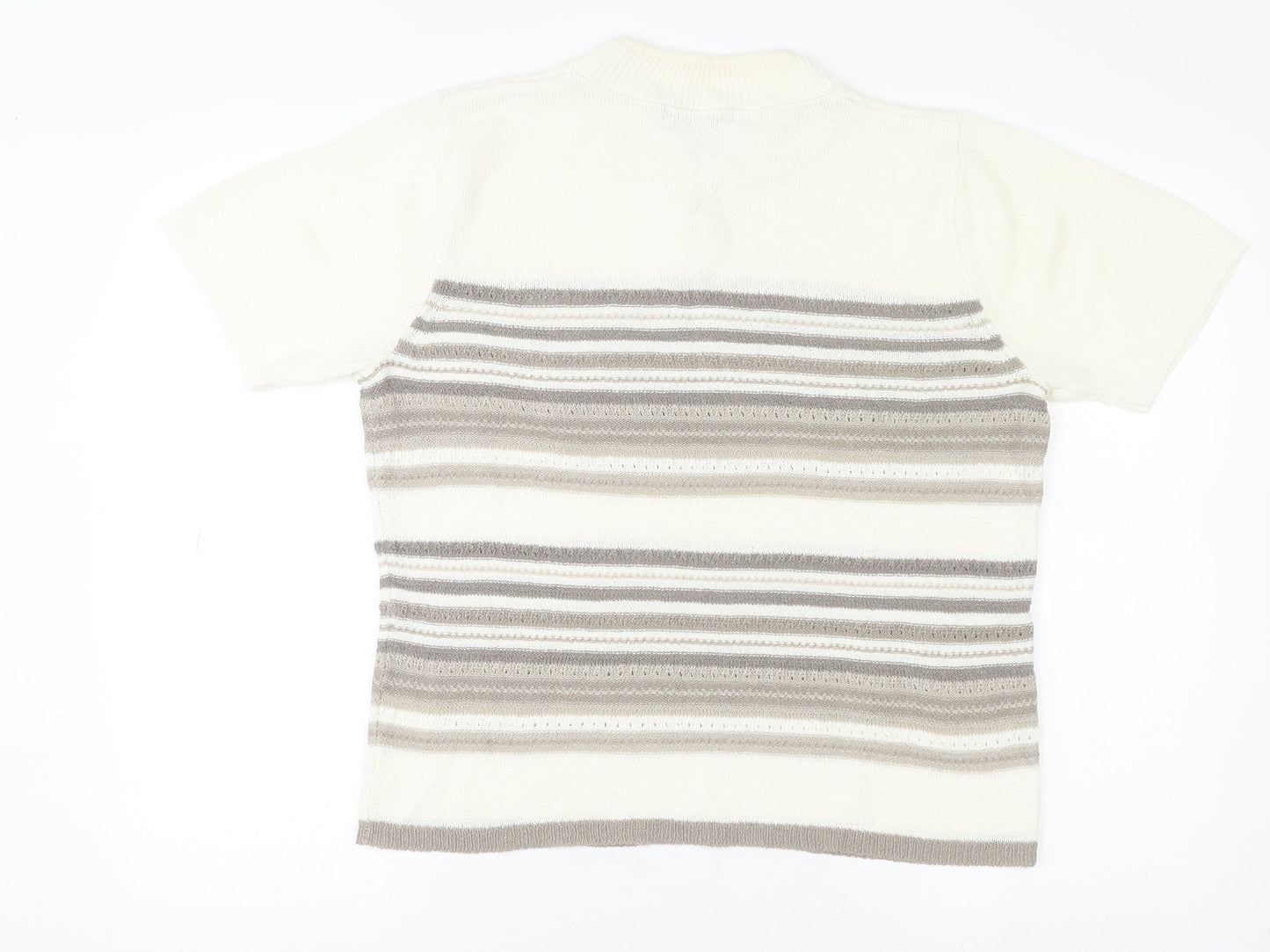 Bm Collection Women Beige Striped High Neck Short Sleeve Wool Jumper M