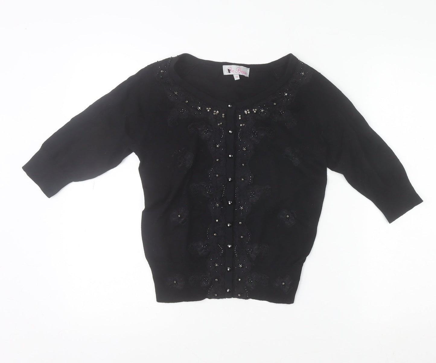 Be Beau Women's Black Beaded Cardigan Size 10 Scoop Neck Knitwear