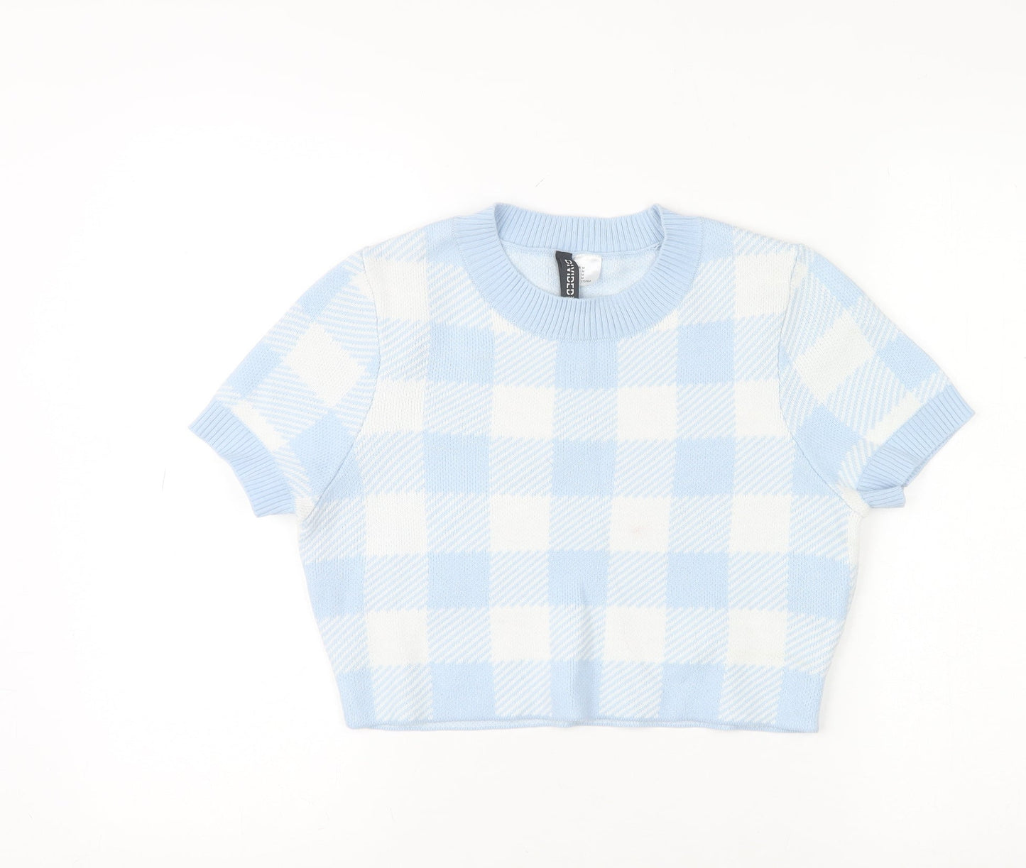 H&M Women Blue Check Knit Short Sleeve Pullover Jumper Size 12