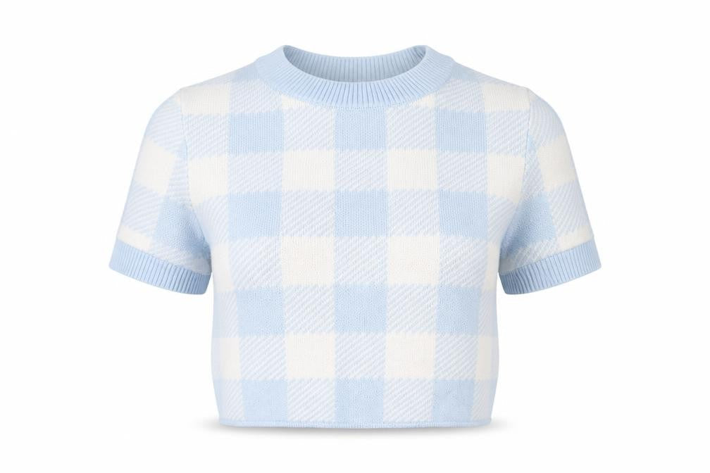 H&M Women Blue Check Knit Short Sleeve Pullover Jumper Size 12