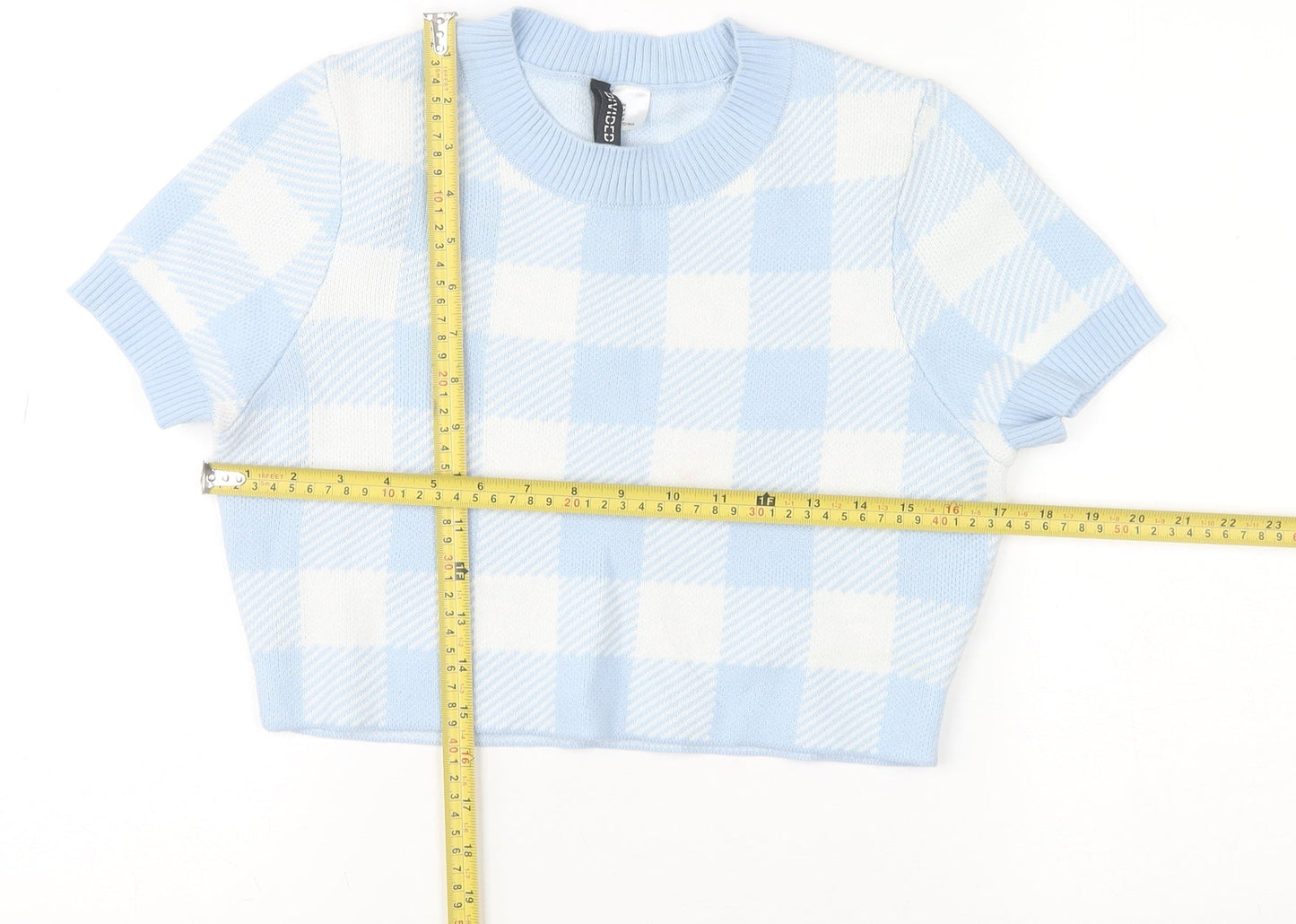 H&M Women Blue Check Knit Short Sleeve Pullover Jumper Size 12