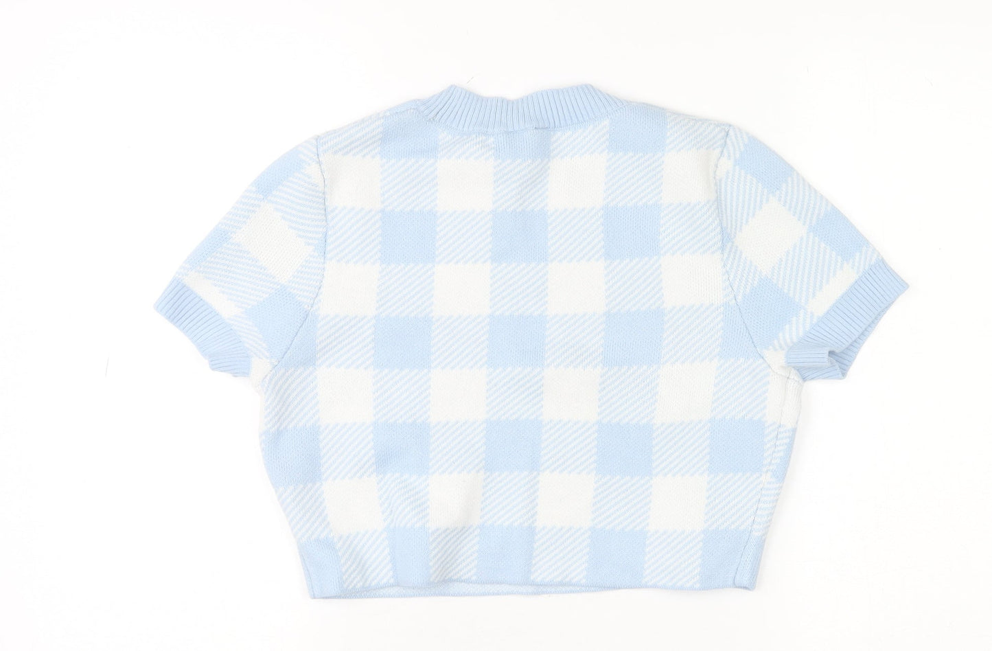 H&M Women Blue Check Knit Short Sleeve Pullover Jumper Size 12