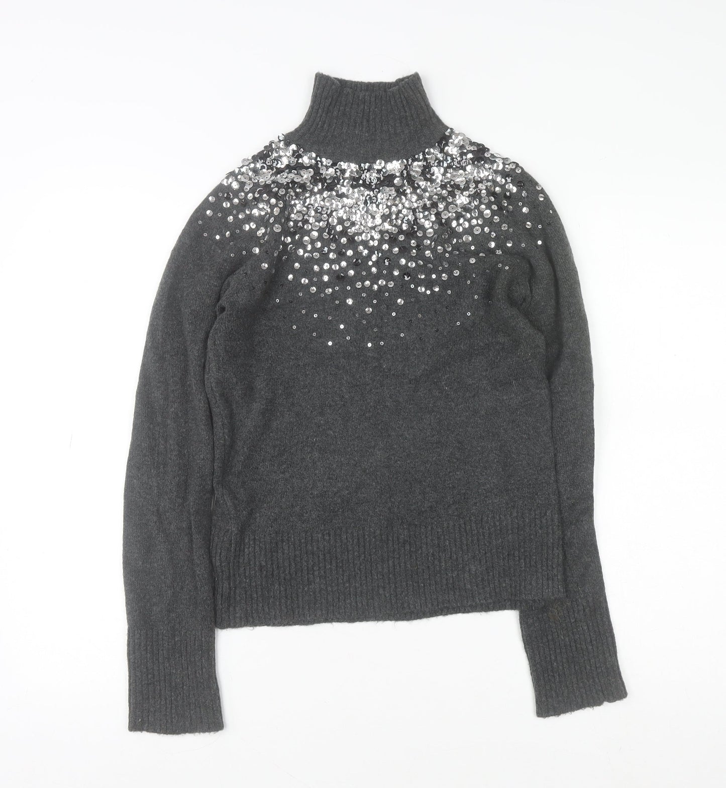 River Island Women’s Grey Sequin Roll Neck Jumper Size 8