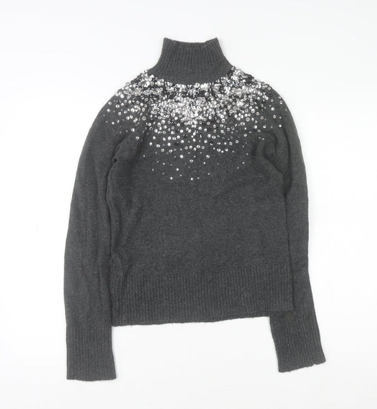 River Island Women’s Grey Sequin Roll Neck Jumper Size 8