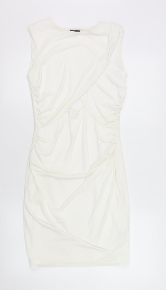 River Island Women Ivory Bodycon Dress Size 10 Sleeveless Ruched Stretch
