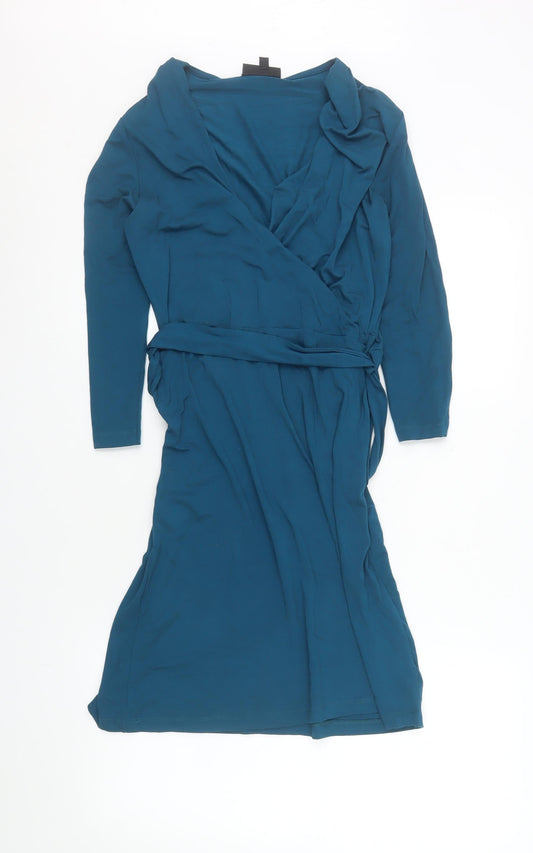 Warehouse Women's Blue Wrap Dress Size 10 Long Sleeve Viscose Stretch