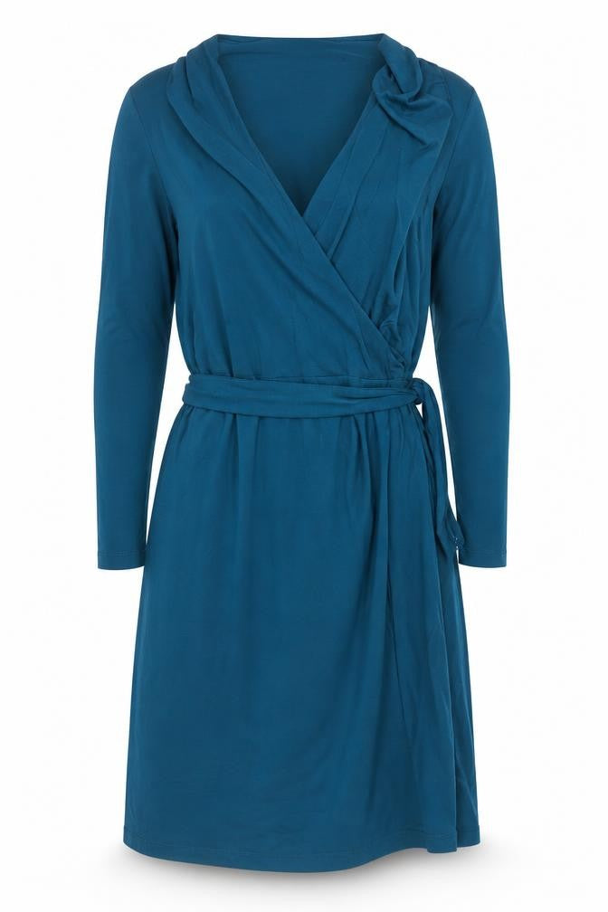 Warehouse Women's Blue Wrap Dress Size 10 Long Sleeve Viscose Stretch