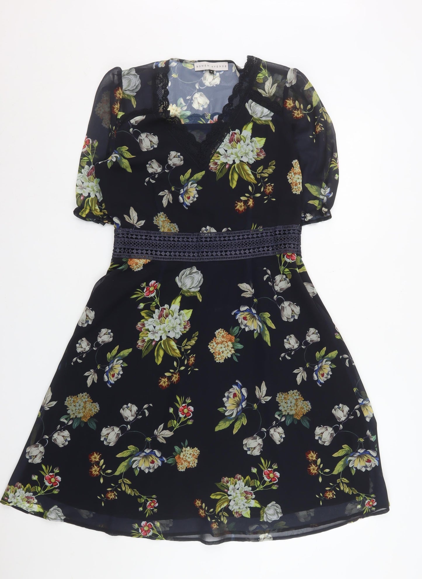 Rowen Avenue Womens Black Floral A-Line Chiffon Dress Size 10