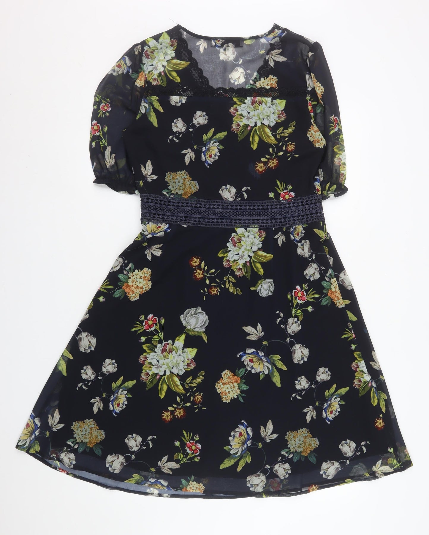 Rowen Avenue Womens Black Floral A-Line Chiffon Dress Size 10