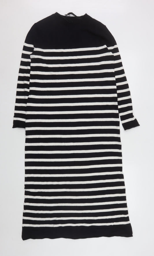 ZARA Women Black White Striped Shift Knit Midi Dress Size S
