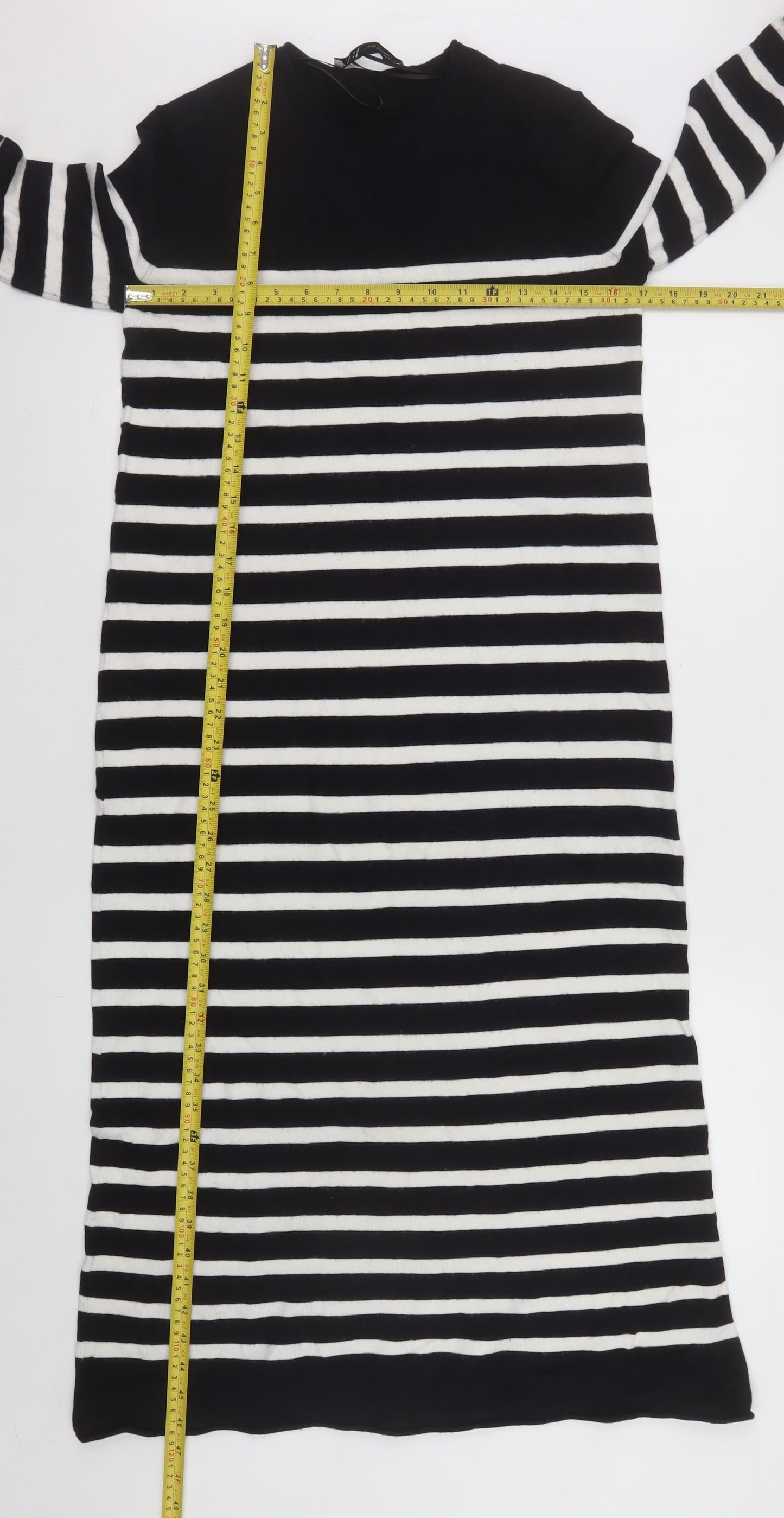 ZARA Women Black White Striped Shift Knit Midi Dress Size S
