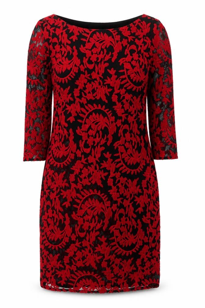 Monsoon Women Red Floral Lace Shift Dress Size 12 Knee Length 3/4 Sleeve