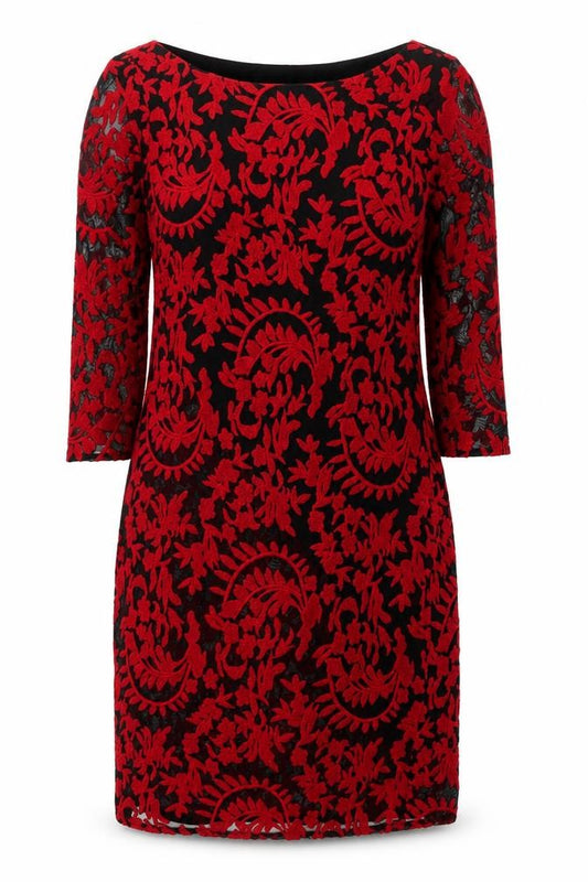 Monsoon Women Red Floral Lace Shift Dress Size 12 Knee Length 3/4 Sleeve
