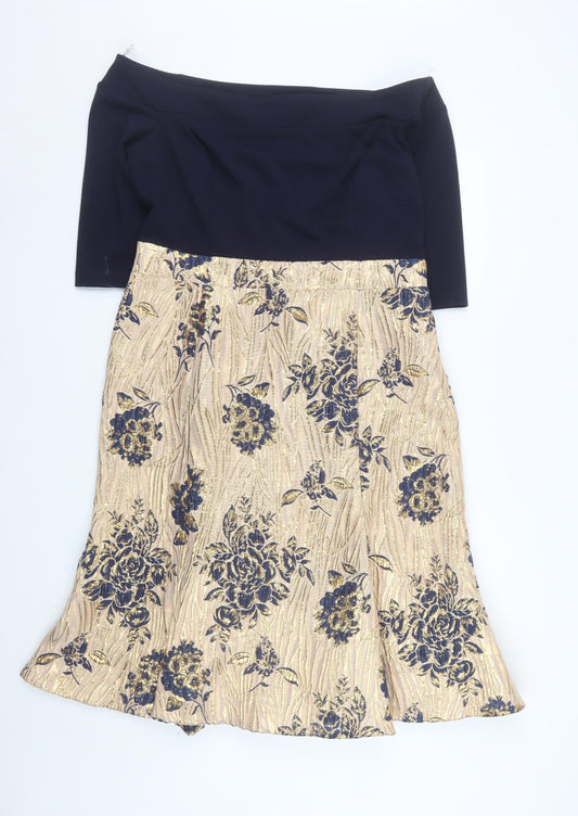 Red & Royal London Womens Gold Blue Fit & Flare Floral Off Shoulder Dress Size 2XL