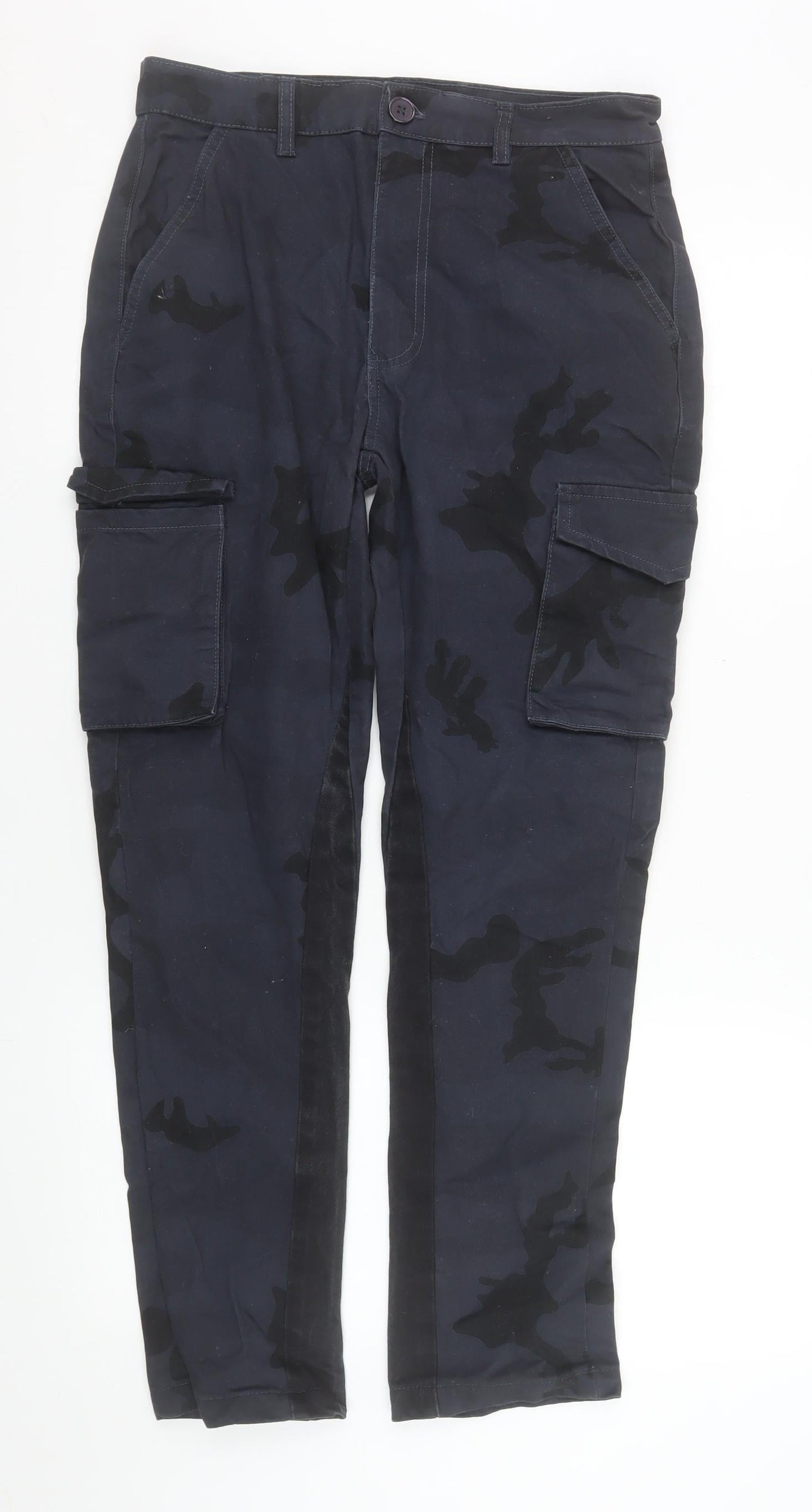 boohooMAN Men’s Blue Camouflage Cargo Trousers Size 30 Regular Fit