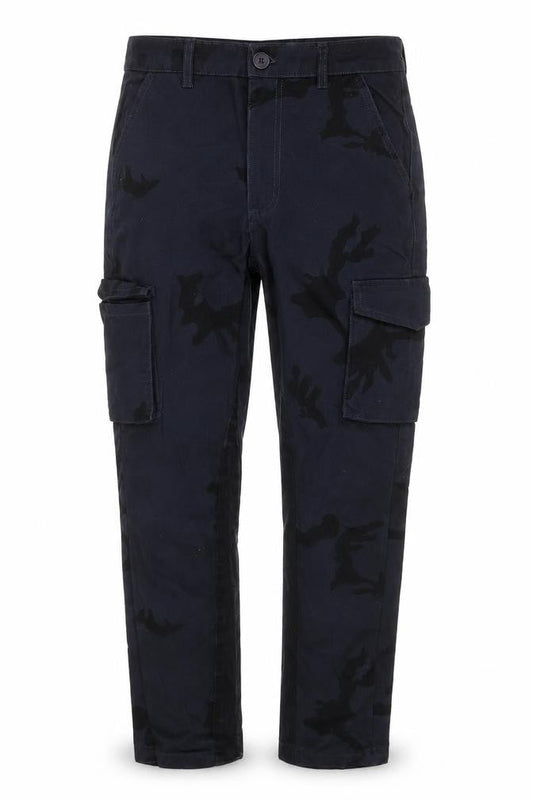 Front view of boohooMAN Men’s Blue Camouflage Cargo Trousers, size 30, Regular Fit