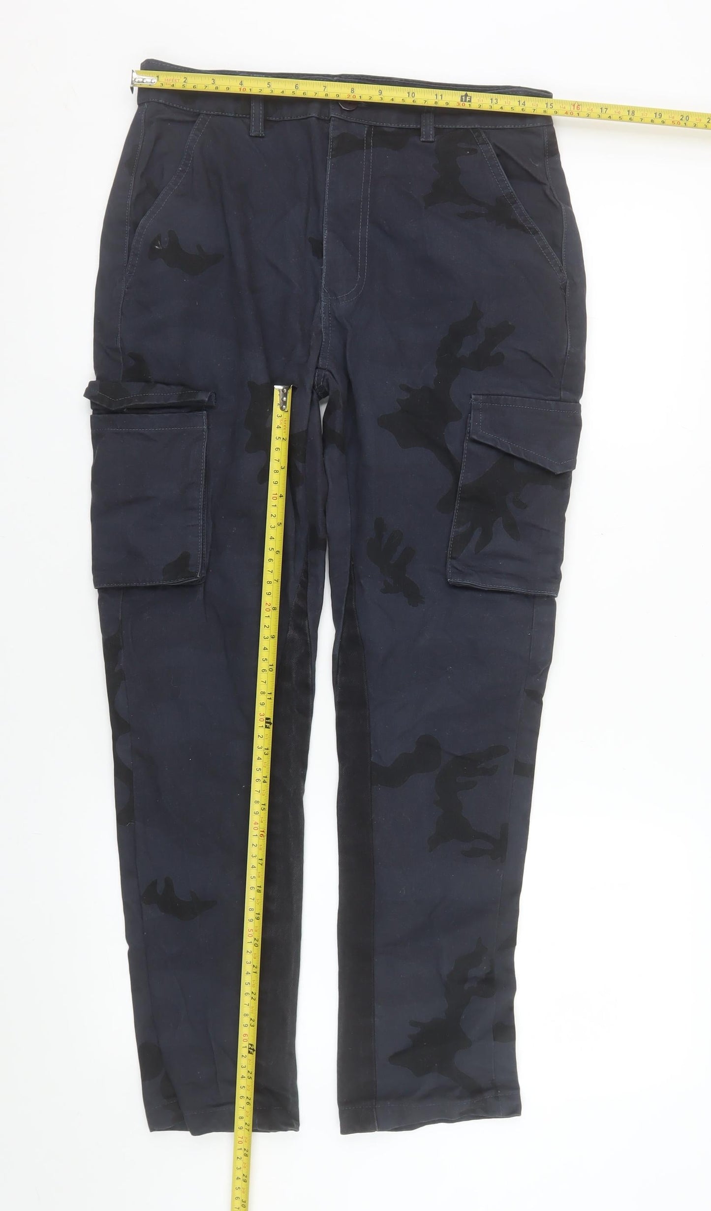 boohooMAN Men’s Blue Camouflage Cargo Trousers Size 30 Regular Fit