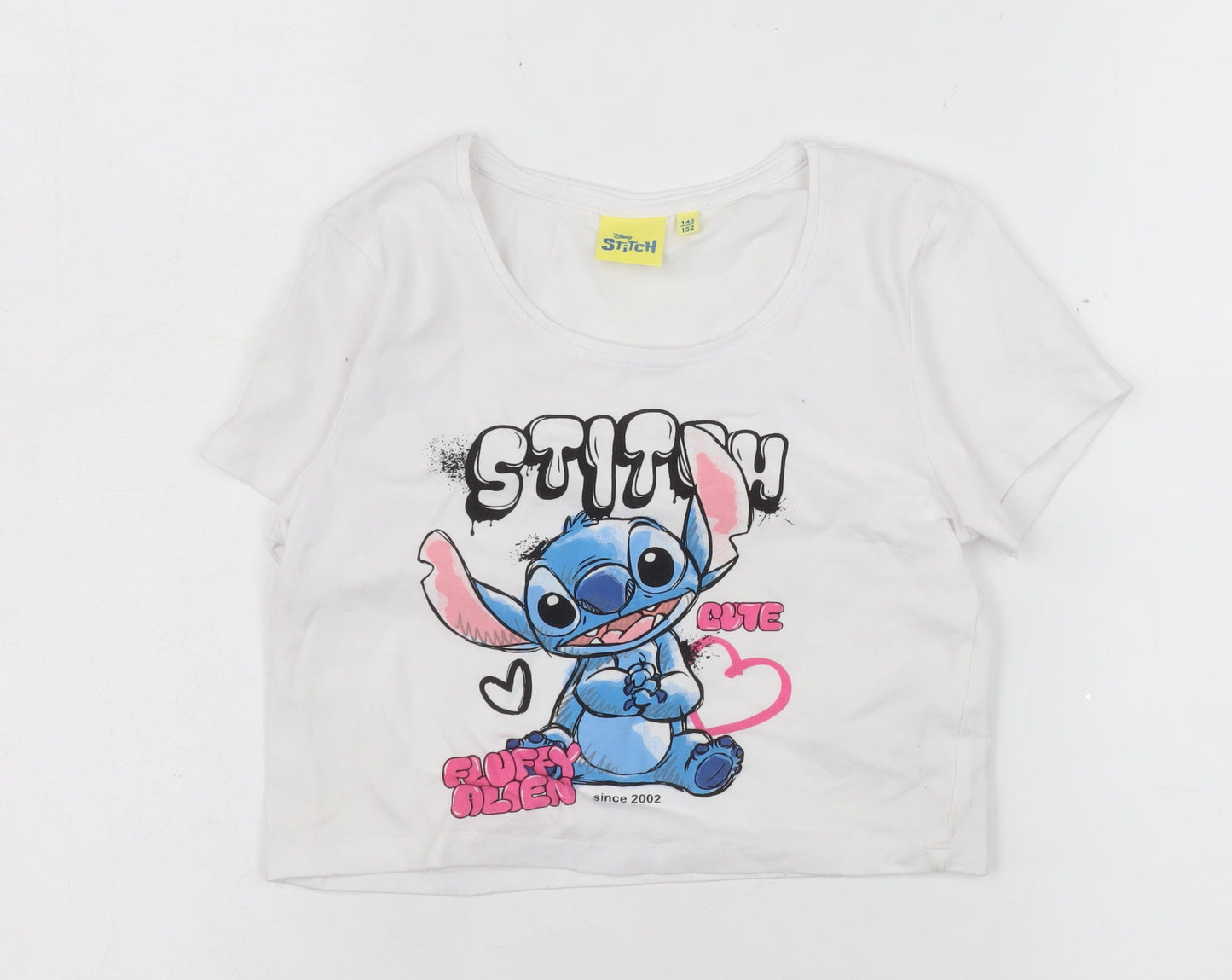 Disney Stitch Girls White Cropped T-Shirt Size 146/152 Graphic Print Cotton