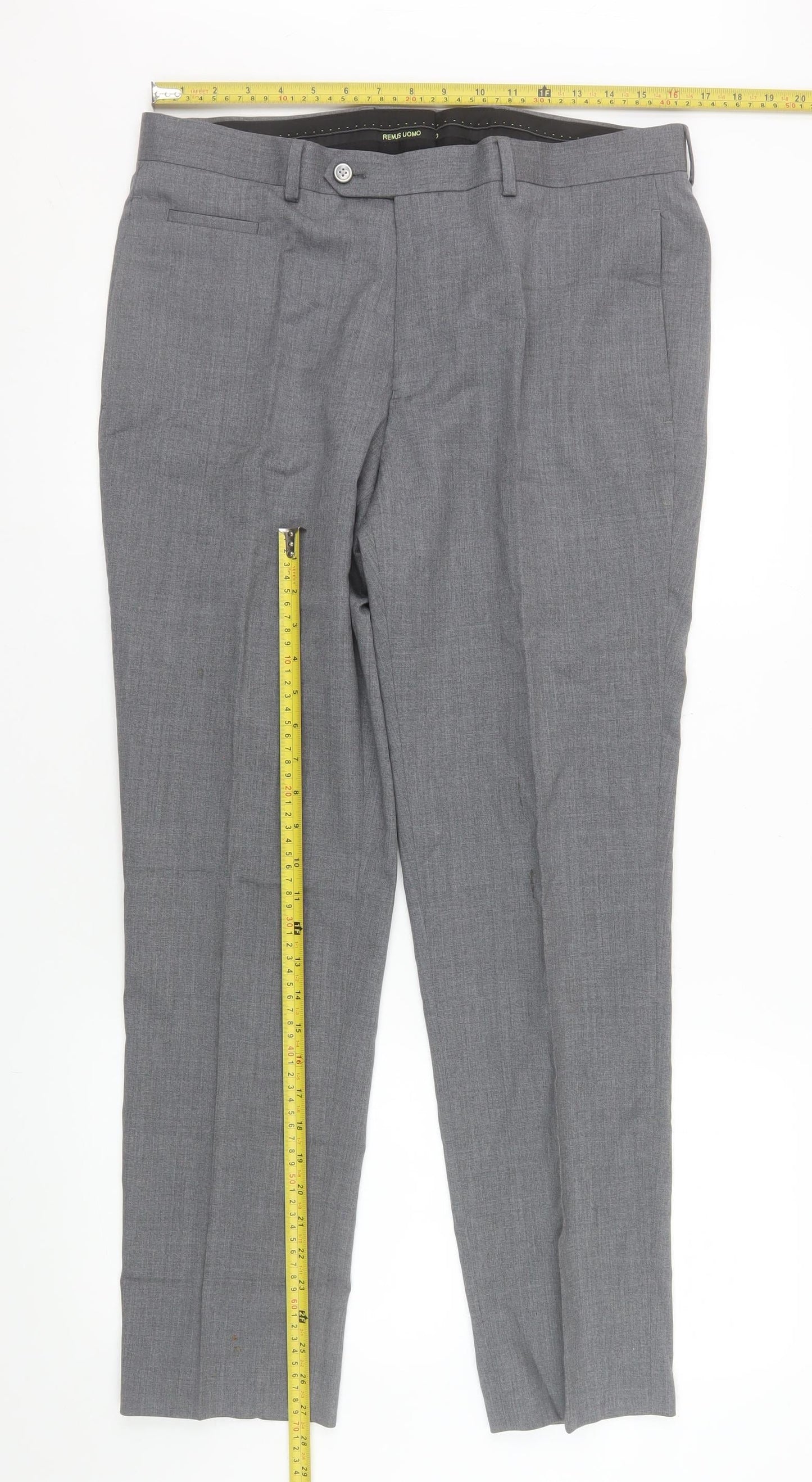 Remus Uomo Men’s Grey Slim Fit Dress Pants 34S Wool Blend
