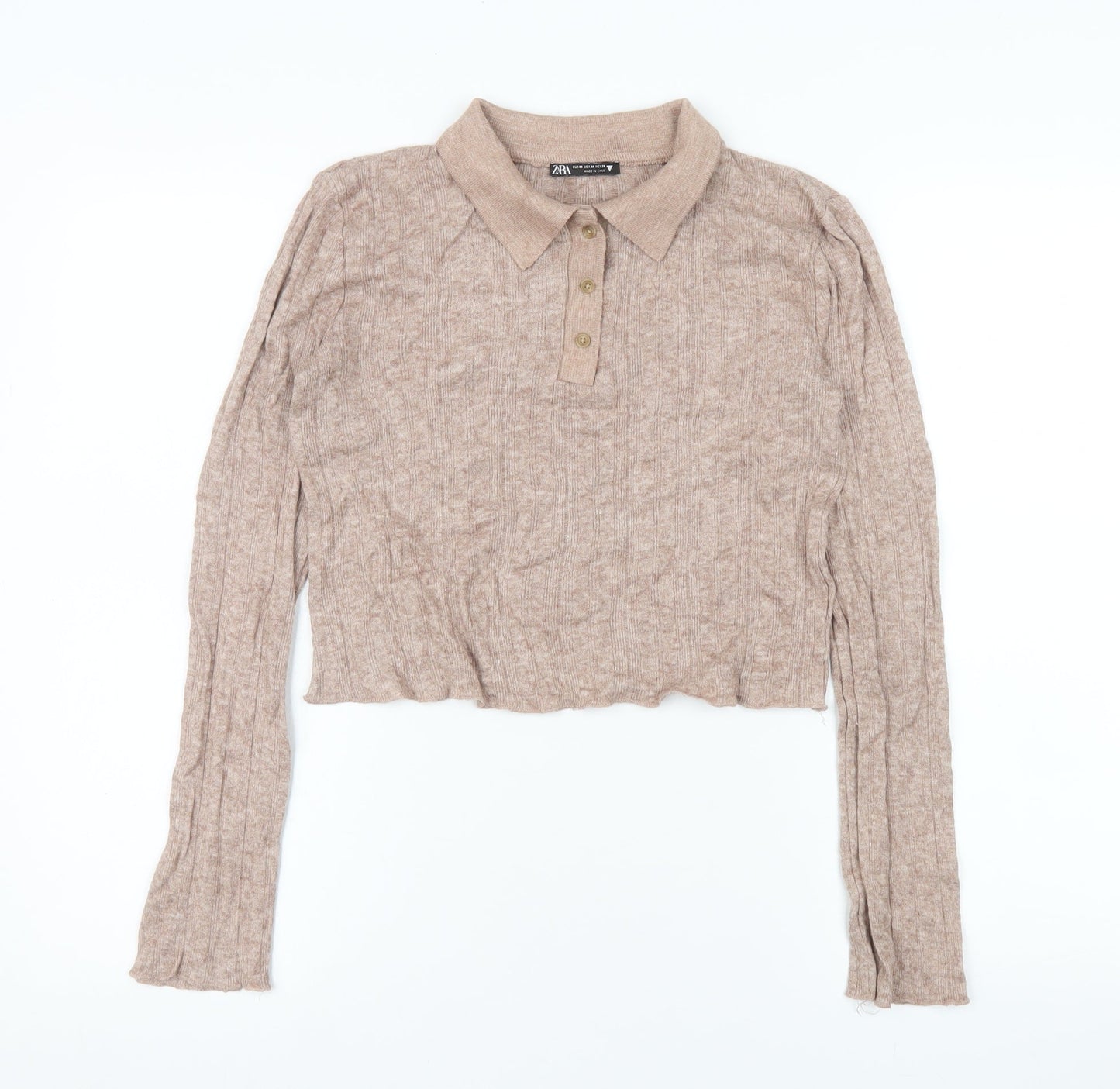 Zara Women Beige Cropped Knit Polo Top Size 12 Long Sleeve