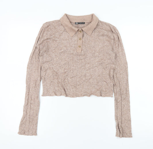 Zara Women Beige Cropped Knit Polo Top Size 12 Long Sleeve