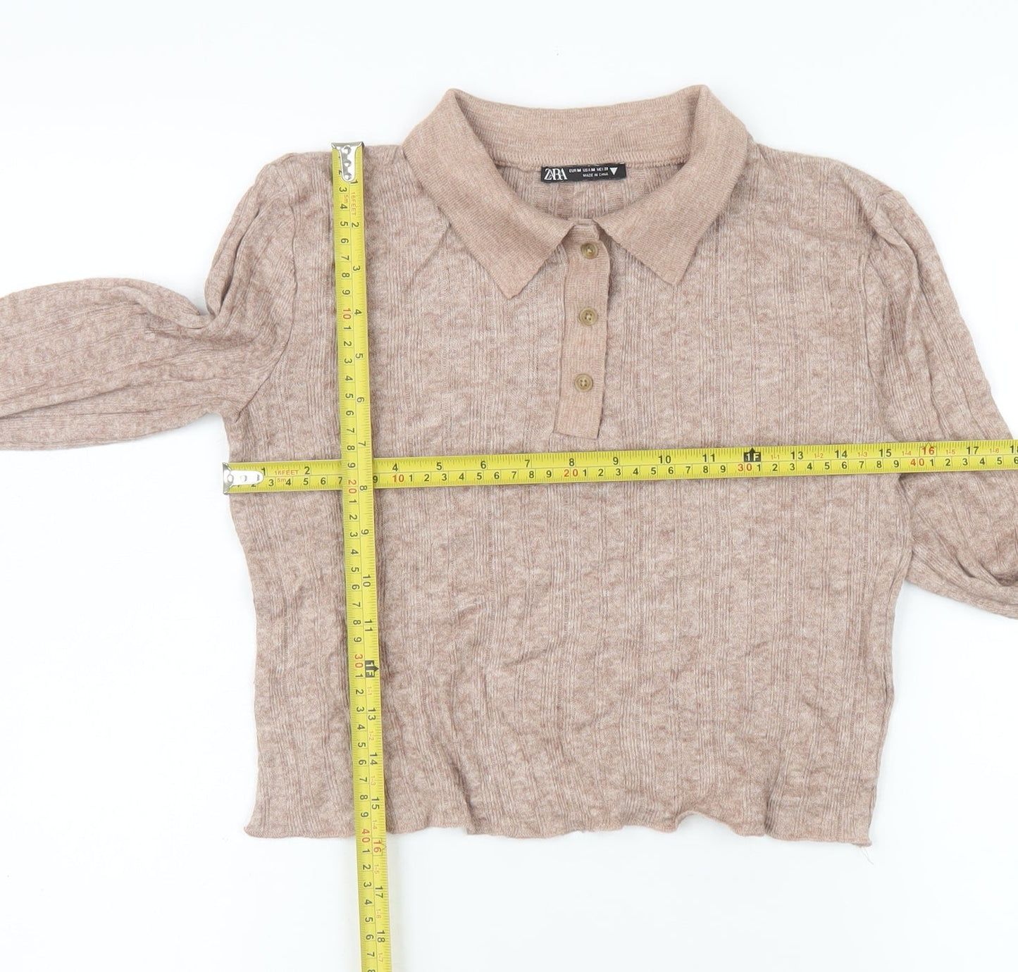 Zara Women Beige Cropped Knit Polo Top Size 12 Long Sleeve