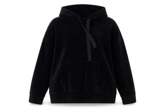 Lefties Women Black Velour Pullover Hoodie L Relaxed Fit Casual