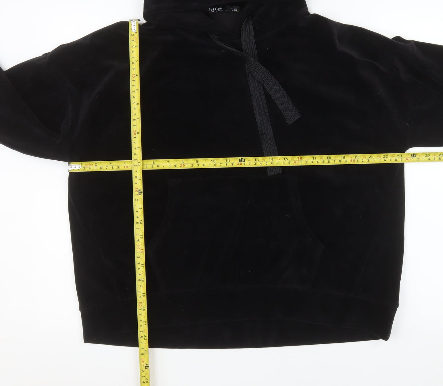 Lefties Women Black Velour Pullover Hoodie L Relaxed Fit Casual