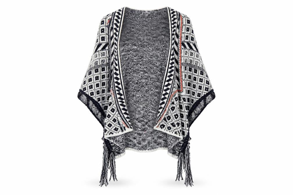 Next Women Blue Geometric Fringe Cape Medium Cotton Blend