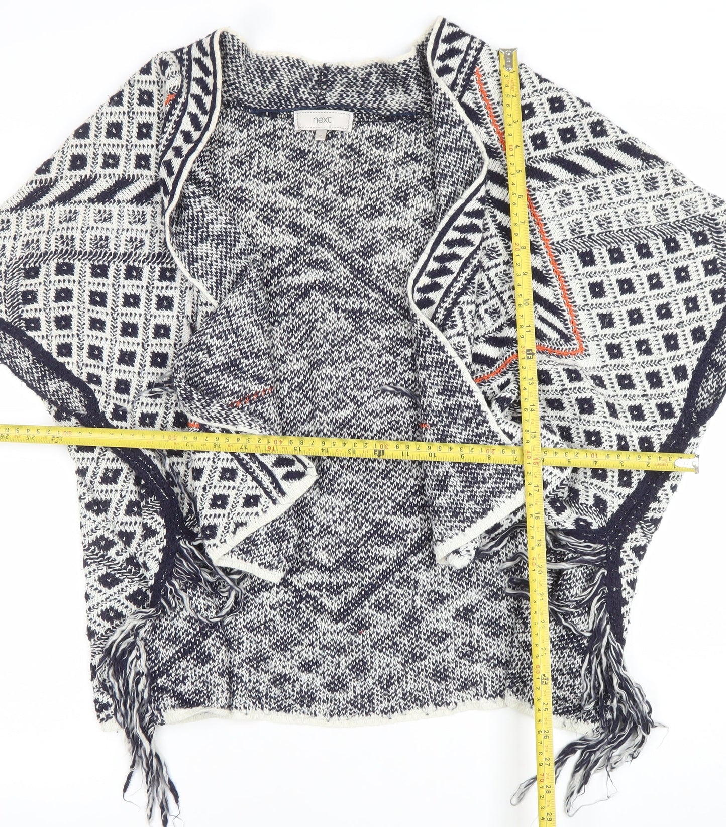 Next Women Blue Geometric Fringe Cape Medium Cotton Blend