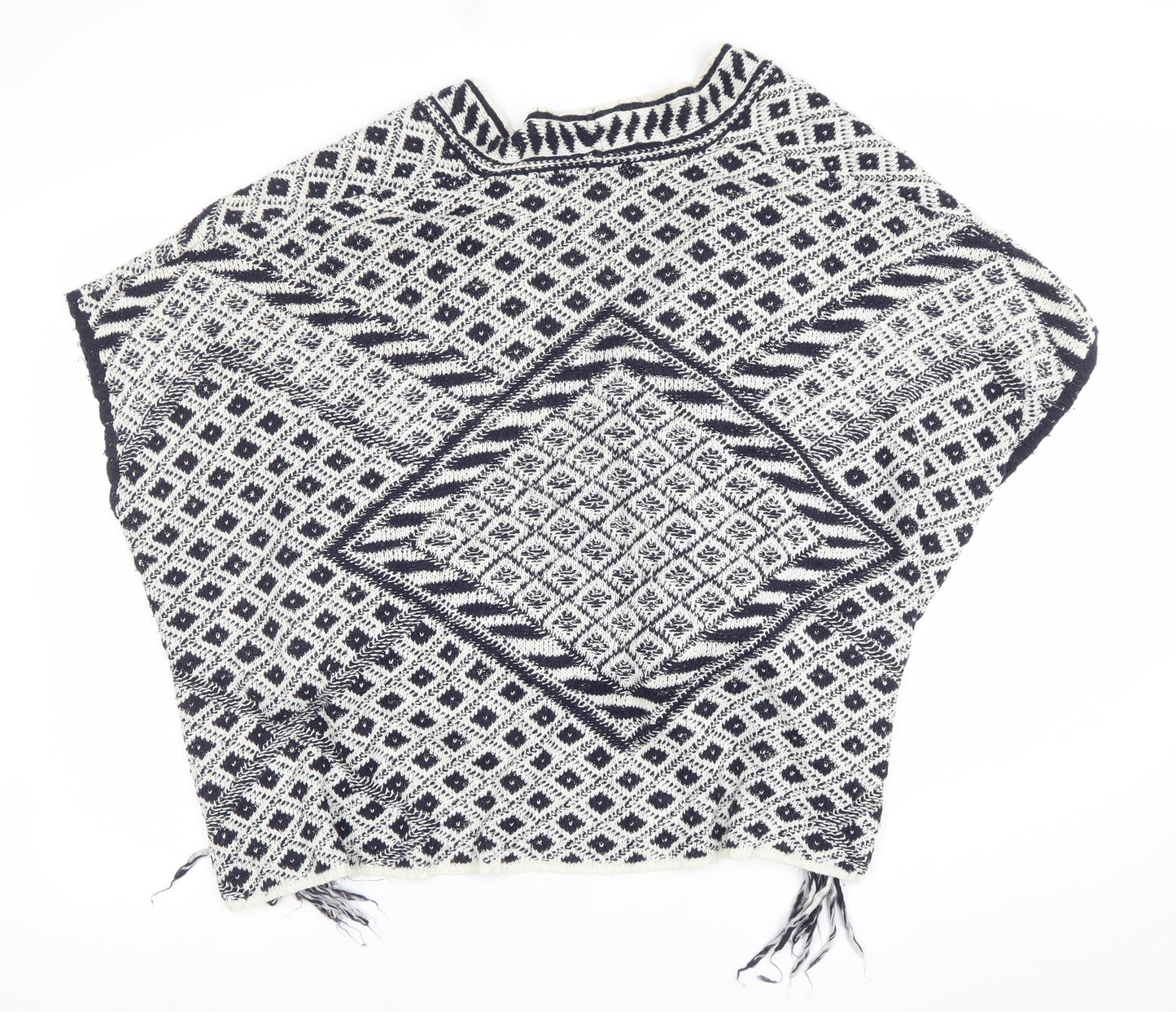 Next Women Blue Geometric Fringe Cape Medium Cotton Blend