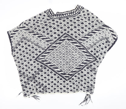 Next Women Blue Geometric Fringe Cape Medium Cotton Blend