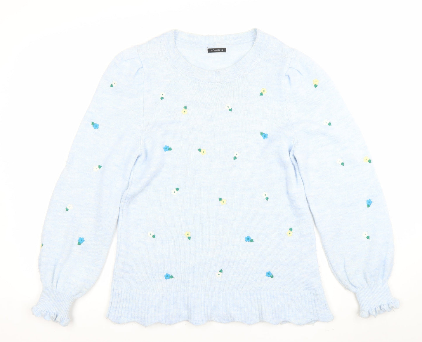 Roman Women Blue Floral Knit Crew Neck Long Sleeve Jumper Size 10