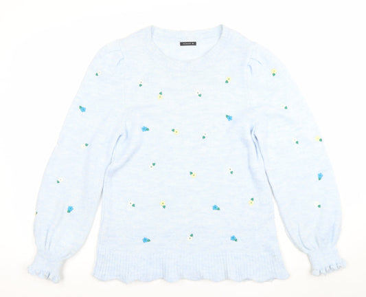 Roman Women Blue Floral Knit Crew Neck Long Sleeve Jumper Size 10
