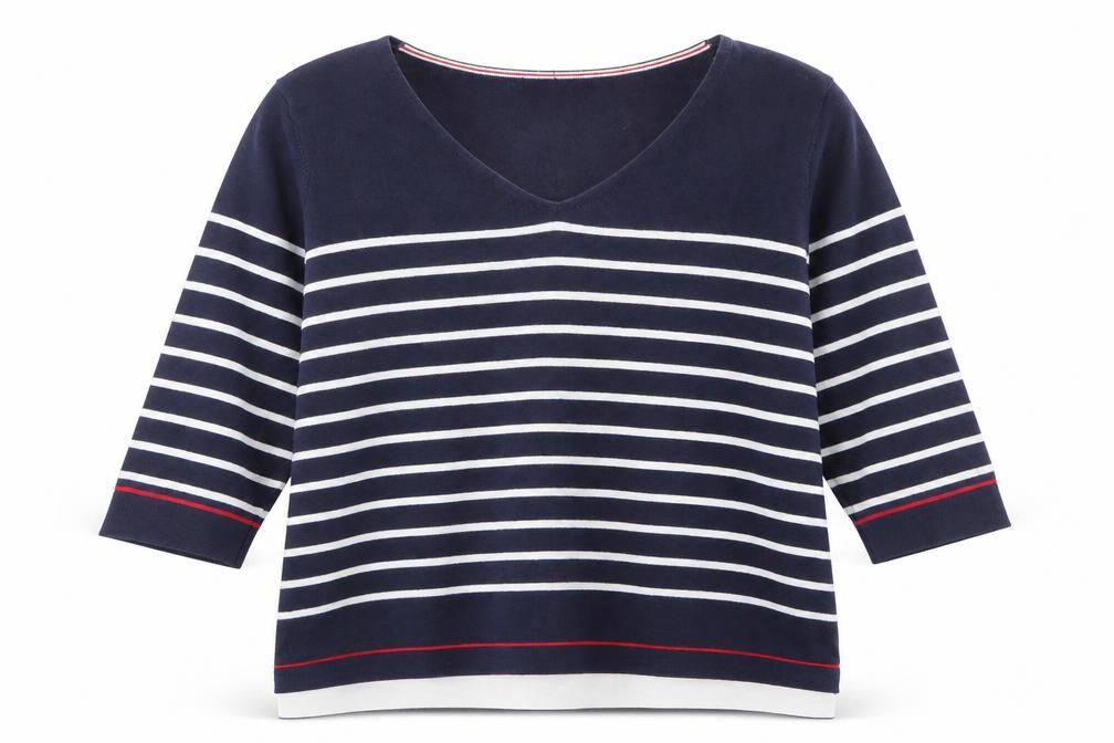 Jeanne Pierre Women Blue Striped V-Neck Cotton Knit Top Size 16