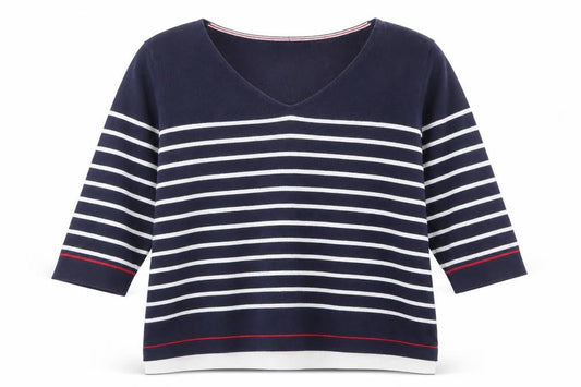 Jeanne Pierre Women Blue Striped V-Neck Cotton Knit Top Size 16